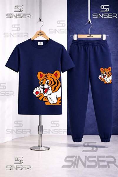 SS SİNSER Children's Yandan Cute Tiger Printed T-Shirt and Sweatpants Set