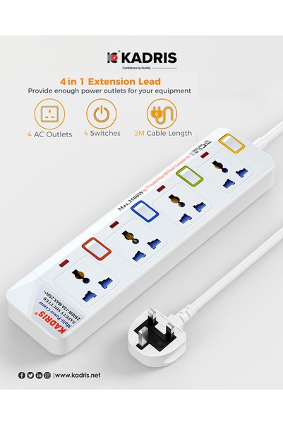 Kadris Heavy Duty Power Strip Extension Cord – 4 Way Outlets 3 Meter Cable | Safe & Durable (White)