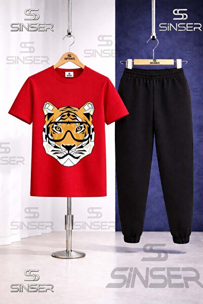 SS SİNSER Children's Tiger Eyeglasses Head Printed T-Shirt Tracksuit Set