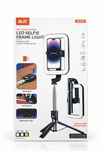 Blic BLV18 360° Dönebilen Kare LED Işıklı Selfie Çubuğu ve Bluetooth Kumandal...