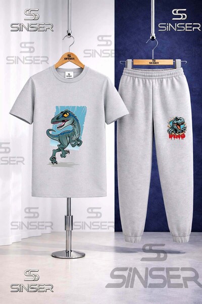 SS SİNSER Children's Dinosaur Turquoise Canvas Printed T-Shirt Tracksuit Set
