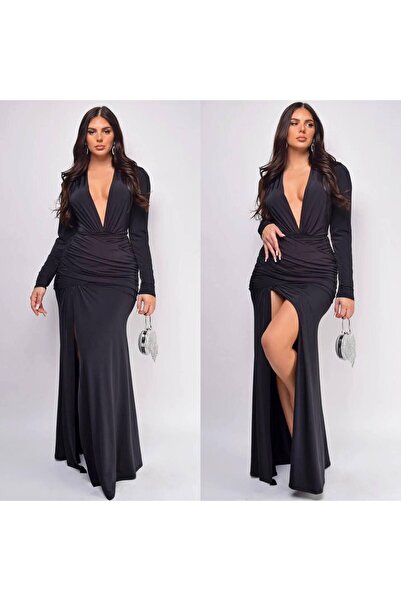 hipnoz butik Kadın Likralı Sandy Kumaş Drape Detaylı Göğüs Ve Yırtmaç Dekolte...