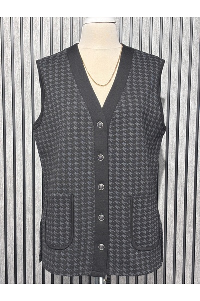 Özenli Triko Steel Knit 5-Button Houndstooth Patterned Mother's Vest Black An...