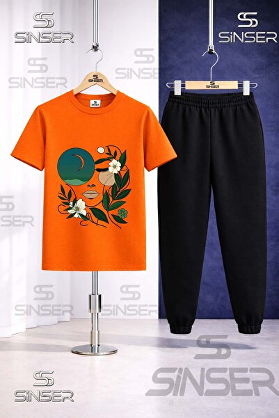 SS SİNSER Children's Cicekten Green Girl Yuzu Printed T-Shirt Tracksuit Set