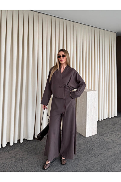 Laluvia Καφέ Παντελόνι με Λεπτομέρεια Ένθετου Κομματιού - Σετ Κιμονό - 8009