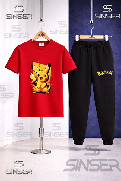 SS SİNSER Children's Pikhacu Yellow Canvas Printed T-Shirt Sweatpants Set