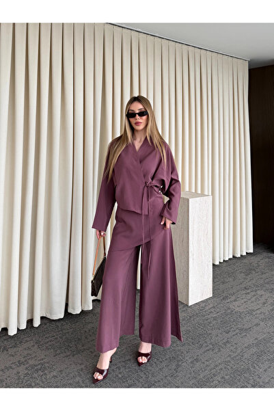 Laluvia Σετ Κιμονό με Λεπτομέρεια Ένθετου Τμήματος Παντελονιού σε Απόχρωση Ξη...