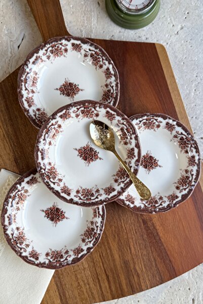 porselenden Antique Rose 4'lü Porselen Reçellik / Çerezlik Kase Bordo Kahve Ç...