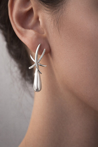 POYASE Silver Color Drop Pearl-Looking Stone Earrings Stylish Long Design Non...
