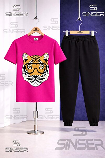 SS SİNSER Children's Tiger Eyeglasses Head Printed T-Shirt Tracksuit Set