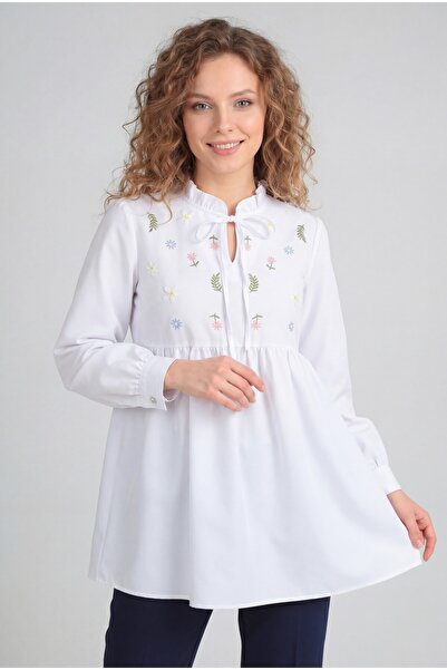 MİYALORA V Yaka Fırfırlı Çiçek Nakışlı Poplin Tunik - Beyaz