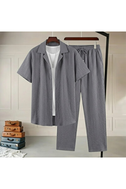 Fifty Color Ανδρικό κοντομάνικο πουκάμισο και παντελόνι Alaçatı Style Σετ Cri...
