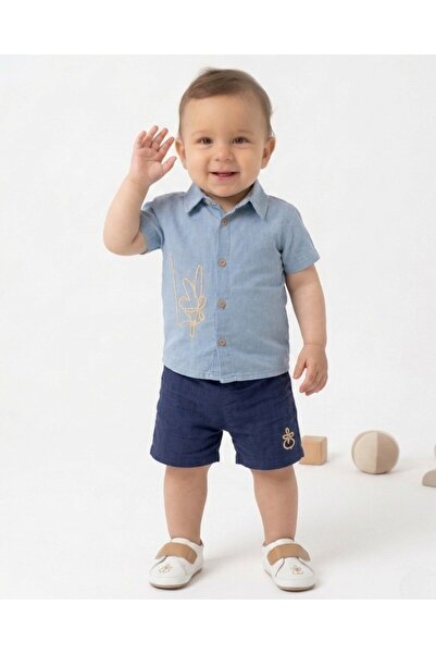 voyyo kids baby قميص جينز للأولاد الصغار مع شورت موسلين، طقم صيفي أنيق للعطلا...