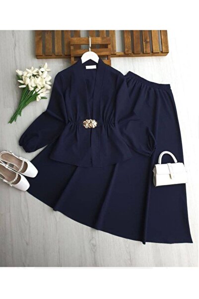 TrendParis Σετ Φούστα-Σακάκι με Διπλή Υφασμάτινη Καρφίτσα Λεπτομέρειας