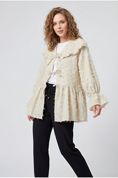 MİYALORA Bağcıklı Tüy Dokulu Jakar Kimono - Bej