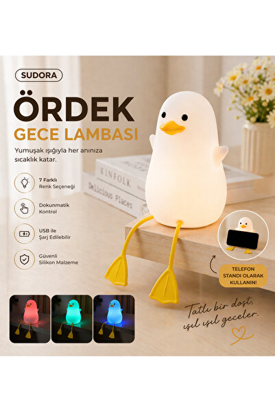 sudora Sevimli Ördek Gece Lambası & Telefon Standı – Dokunmatik, Şarjlı, Renk Değiştiren Silikon LED Lamba