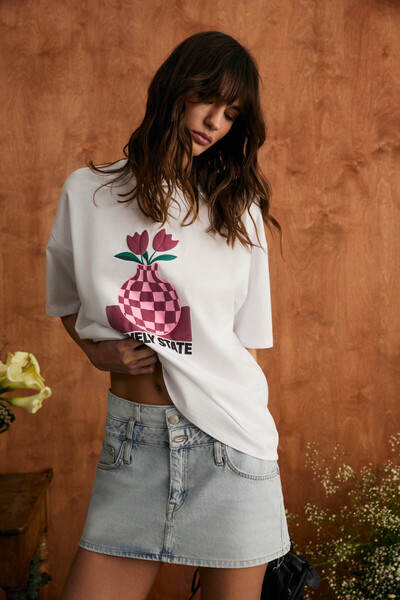 GRIMELANGE SPRINE Kadın Yumuşak Kumaşlı %100 Pamuklu Baskılı Regular Beyaz T-Shirt