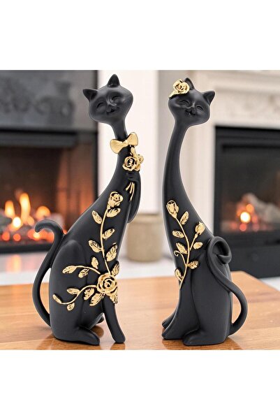 ELSELİFE Lüks Siyah Altın Detaylı 2’li Kedi Biblo Seti 26 cm Reçine Dekoratif...