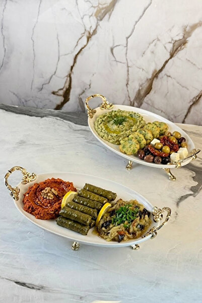 MAY HOME 2-Piece Porcelain Plate with Handle & Oval Appetizer Presentation Set