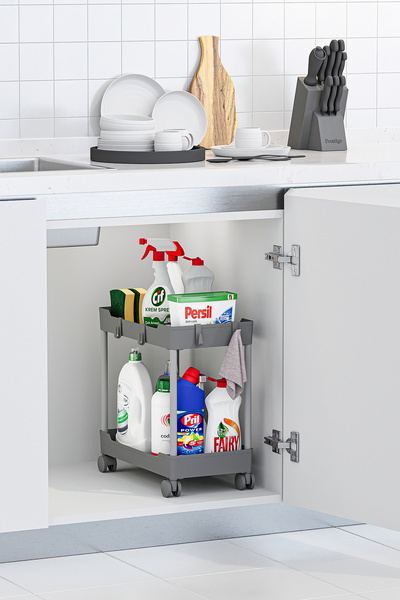 urlove Gri 2 Katlı Tekerlekli Düzenleyici Mutfak ve Banyo Rafı