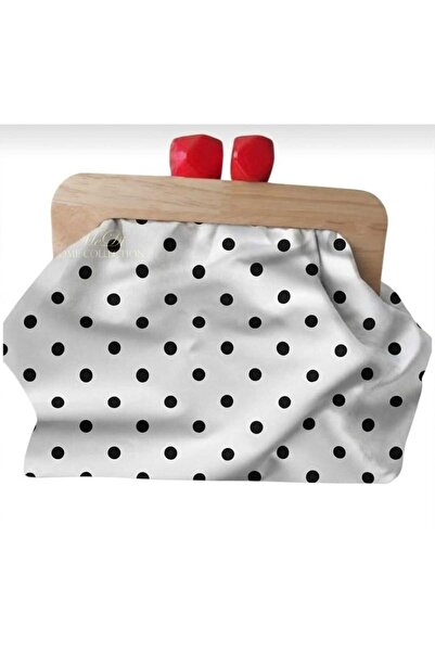 handedizayn Siyah Puantiyeli Ahşap Burslu Zincir Askılı Clutch Omuz Çantası