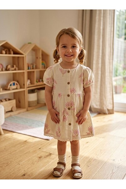 RÜYA KİDS Girl's Floral Patterned Front Buttoned Summer Dress