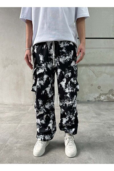 DIFRANSEL JEANS Batik Patterned Black Parachute Pants