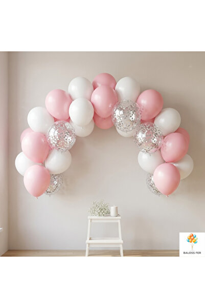 baloss fer Pembe Beyaz Balon Seti 20’li Gümüş Konfeti Şeffaf Balon Doğum Günü...