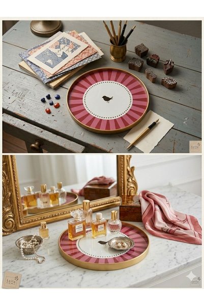 Leila Set of 2 Pink Love Bird Patterned Serving Trays, Gold Real Glass, 24cm