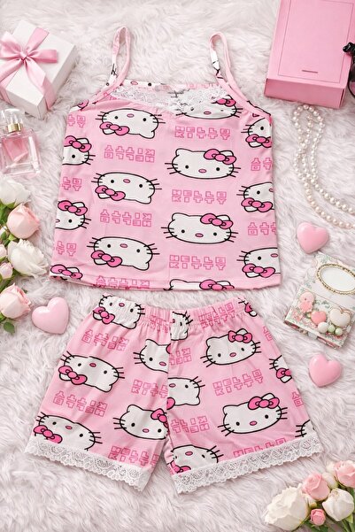pijama Hello Kitty Desenli Dantel Detaylı Şortlu Takımı - Pembe Askılı İki Pa...