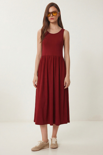 Lovelyİstanbul Rochie tricotată de vară de bază cu guler halter LCR0053 ROȘU ...