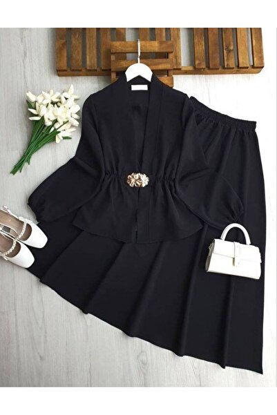 TrendParis Σετ Φούστα-Σακάκι με Διπλή Υφασμάτινη Καρφίτσα Λεπτομέρειας