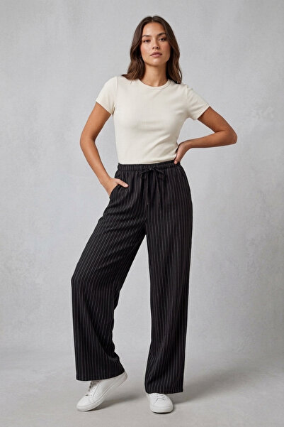 LEY COLLECTİON Γυναικείο παντελόνι με ελαστική μέση, ριγέ, ψηλόμεσο, φαρδύ πα...