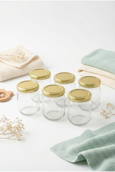 ZURİ DESİGN Set of 6 Glass Baby Food Jars with Gold Lids for Healthy Storage 210 ml