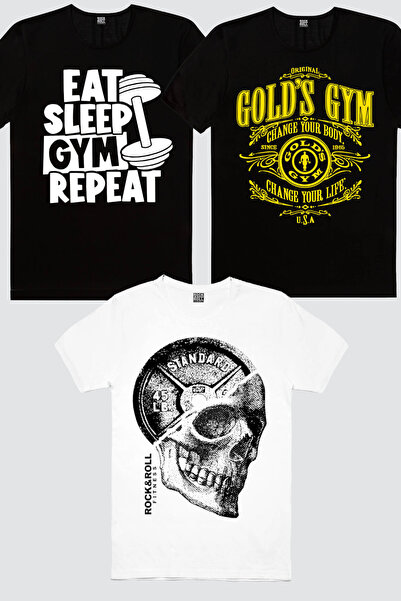 ROCKANDROLL Disk Head White, Golds Gym, Gym Life Μαύρο Ανδρικό Μπλουζάκι 3 τε...