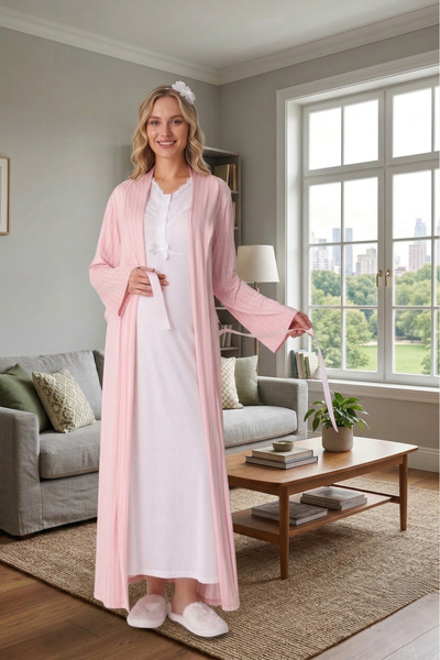 Lohusa Homewear Νέα σεζόν Ροζ Ριγέ Ρόμπα Εγκυμοσύνης Καλοκαιρινή Ολόσωμη Δαντ...