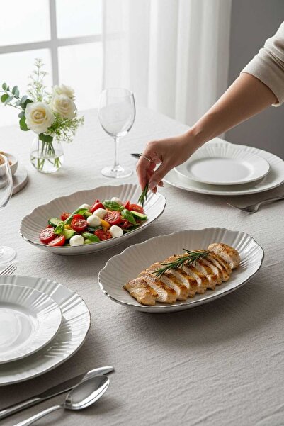 KÜTAHYA HOME Timeless Elegance 2-Piece 25 cm Silver Porcelain Boat Salad Set ...