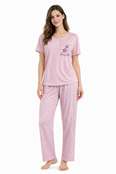 BALİS Star Pattern Cotton 3 Buttons Chic Comfortable Quality Short Sleeve Wom...