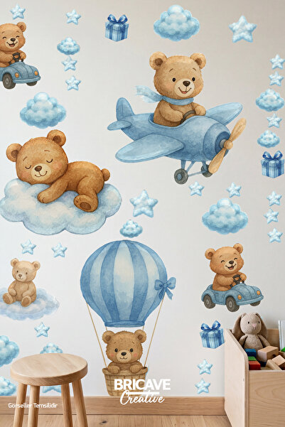 Bricave Uçan Ayıcıklar Balon ve Yıldızlar Sticker Çocuk Odası Duvar Kapı Cam Etiket Sticker