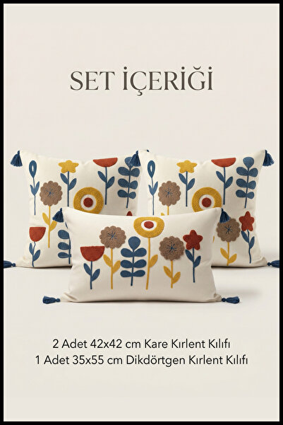 cottoncloth Yıldız Punch Nakışlı Dekoratif 2 Kare 1 Dikdörtgen Kırlent Kılıfı...
