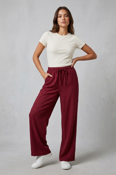 LEY COLLECTİON Γυναικείο παντελόνι με ελαστική μέση, ριγέ, ψηλόμεσο, φαρδύ πα...