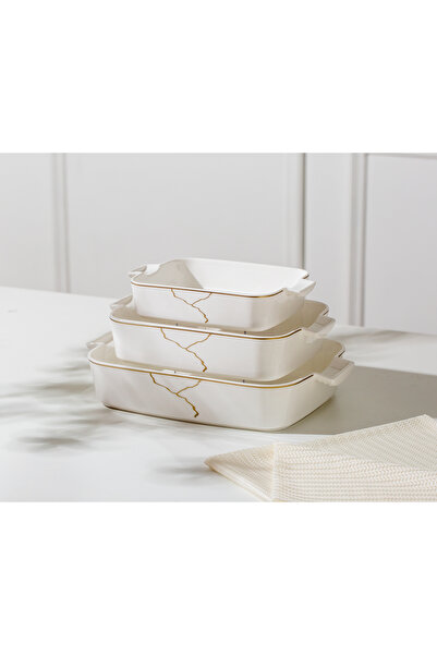 Malooki Set of 3 Infinity oven trays – white porcelain with gold veins, oven-...