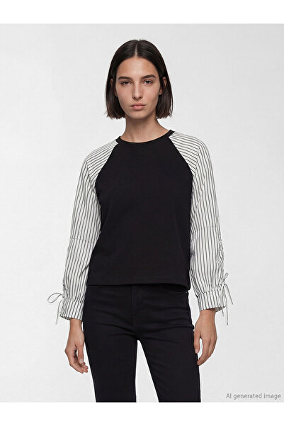 LC Waikiki Natuvera Black Oval Neckline Striped Blouse with Nevavm Difference...