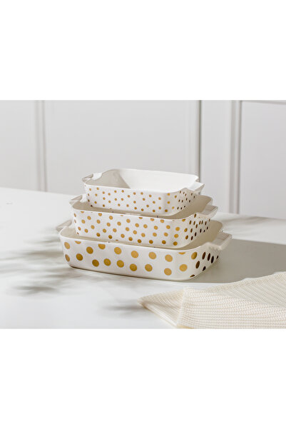 Malooki Σετ 3 ταψιών φούρνου με κουκκίδες – από λευκή πορσελάνη με χρυσές κου...