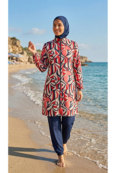 My-o Γυναικείο ολόσωμο σετ μαγιό με ροζ και λευκό σχέδιο, με χιτζάμπ