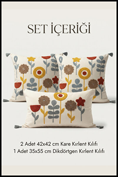 cottoncloth Yıldız Punch Nakışlı Dekoratif 2 Kare 1 Dikdörtgen Kırlent Kılıfı...