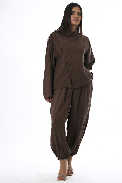 ABBRA Γυναικείο Σετ Παντελόνι Σαλβάρ με Όρθιο Γιακά και Αυτοσχεδιασμένες Ρίγες