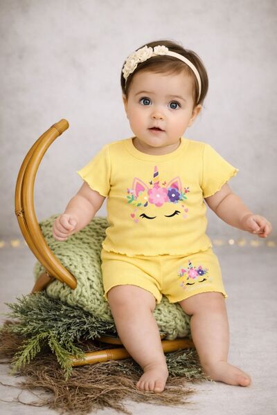 neocotton Kız Bebek Çocuk Ribana Unicorn Baskılı 2'li Şortlu Takım