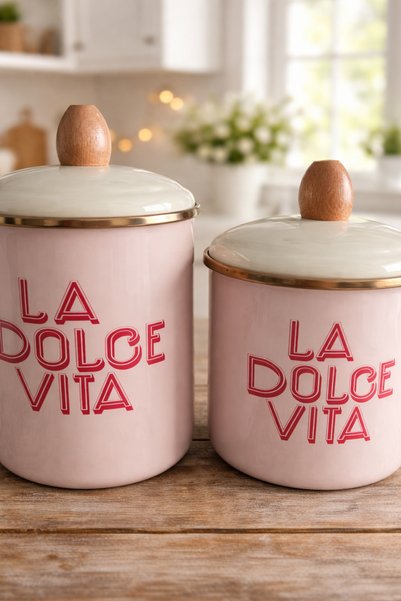 ALEV EMAYE Set of 2 Enamel Jars |   12-15 cm Stylish Kitchen Jar with Wooden Handle, Vacuum Silicone Lid