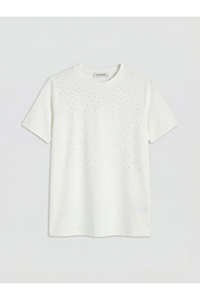 LC Waikiki NEVAVM Farkıyla LCW EVERYDAY Εκρού οβάλ μπλούζα με πέτρες στο λαιμ...